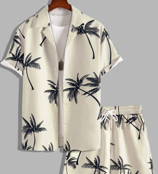 Men's Palm Leaf Print Open Collar Short Sleeve Button Shirt and Elasticated Drawstring Shorts Resort Two Piece Set