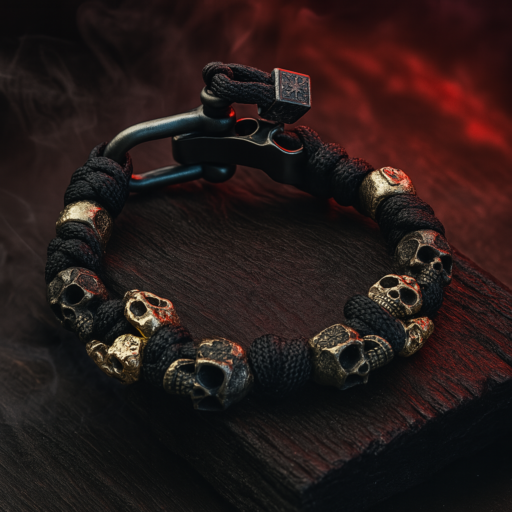 Men's Paracord Bracelet with Skull Beads and Shackle Clasp - Image 5