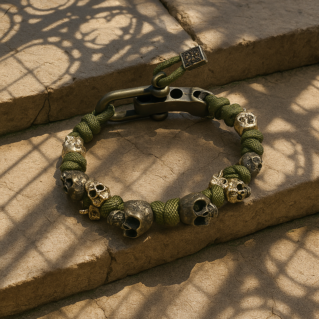 Men's Paracord Bracelet with Skull Beads and Shackle Clasp - Image 7