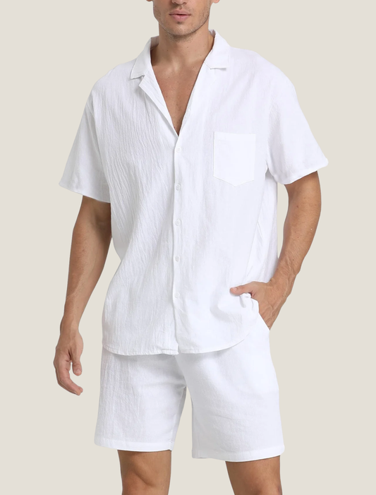 Men's Relaxed Short Sleeve Open Collar Button Shirt with Chest Pocket and Elastic Drawstring Shorts Lightweight Two Piece Set