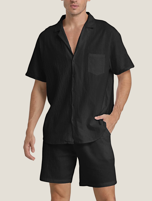 Men's Relaxed Short Sleeve Open Collar Button Shirt with Chest Pocket and Elastic Drawstring Shorts Lightweight Two Piece Set