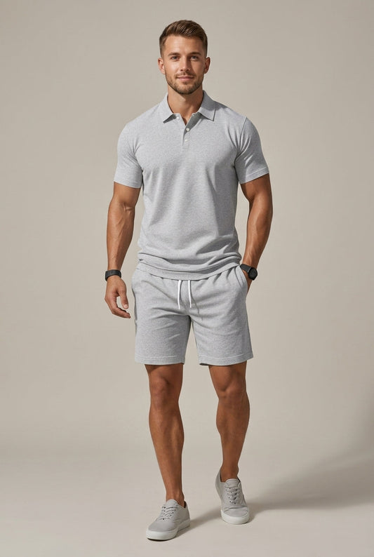Men's Streamlined Short Sleeve Open Collar Button Shirt and Elastic Waist Drawstring Shorts Coordinated Two Piece Ensemble