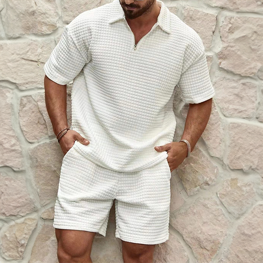 Men's Structured Waffle Grid Quarter Zip Point Collar Short Sleeve Polo Top and Hip Elasticated Shorts Two Piece Casual Set