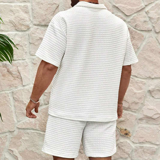 Men's Structured Waffle Grid Quarter Zip Point Collar Short Sleeve Polo Top and Hip Elasticated Shorts Two Piece Casual Set