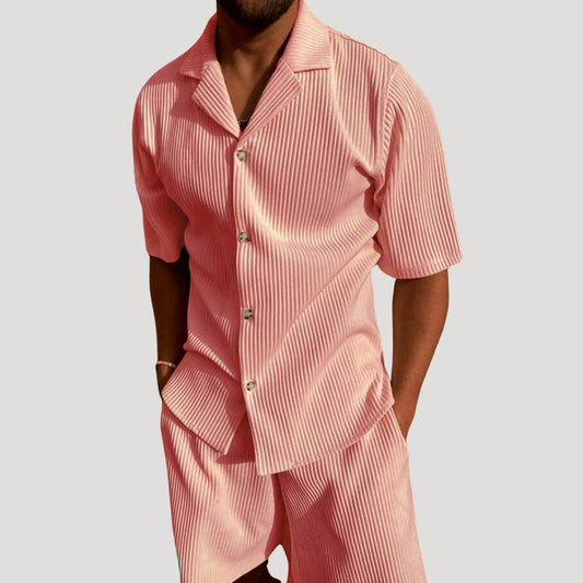 Men's Subtle Ribbed Knit Short Sleeve Relaxed Collar Button Up Shirt and Elasticated Drawstring Shorts Two Piece Co-Ord Set