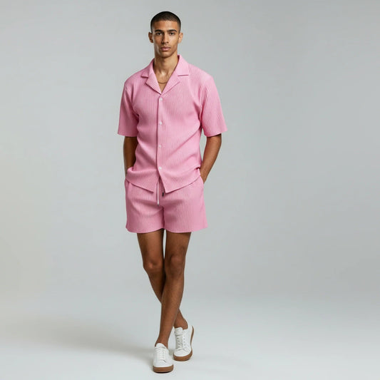 Men's Subtle Ribbed Knit Short Sleeve Relaxed Collar Button Up Shirt and Elasticated Drawstring Shorts Two Piece Co-Ord Set