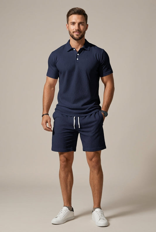 Men's Subtly Textured Short Sleeve Pointed Collar Polo Shirt and Elasticated Waist Drawstring Shorts Two Piece Casual Set