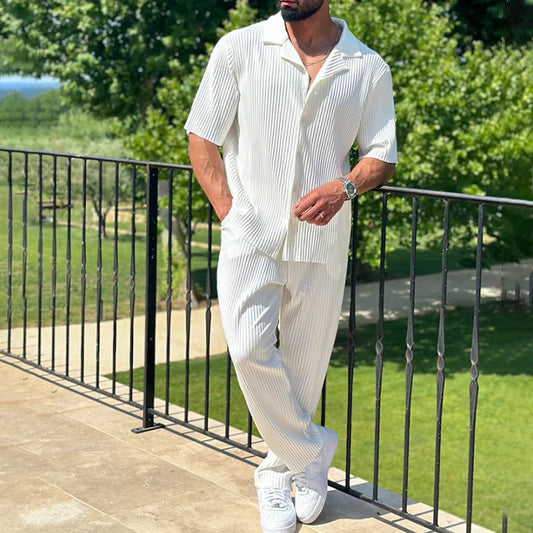 Men's Vertical Pleated Texture Camp Collar Short Sleeve Button Up Shirt and Relaxed Straight Leg Trousers Two Piece Coordinated Set