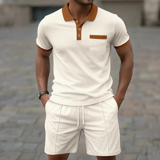 Men's Waffle Grid Texture Short Sleeve Contrast Trim Polo Shirt and Elasticated Drawstring Shorts Two Piece Casual Set