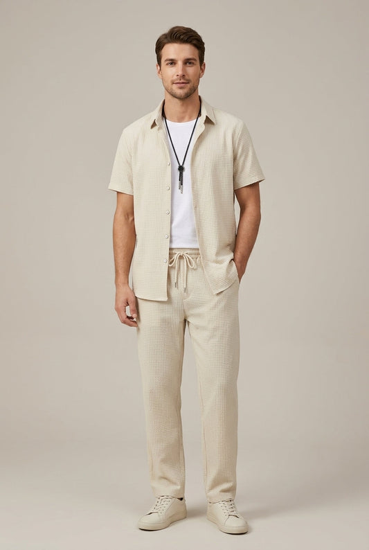 Men's Waffle Knit Textured Short Sleeve Point Collar Button Front Shirt and Tailored Straight Leg Elasticated Trousers Two Piece Set