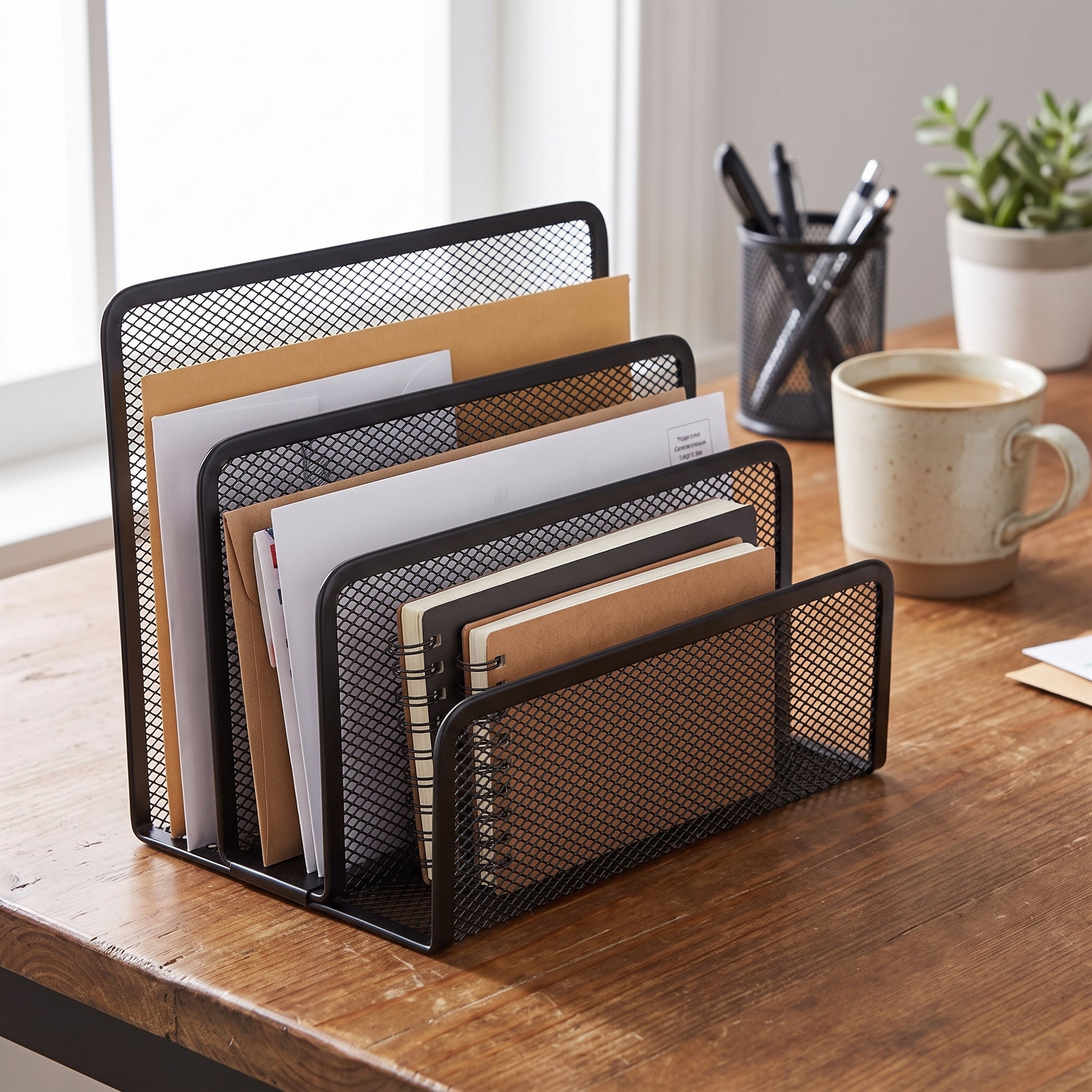 Desk Organizer Black Mesh Tiered Letter Sorter 3-Tier - Image 1