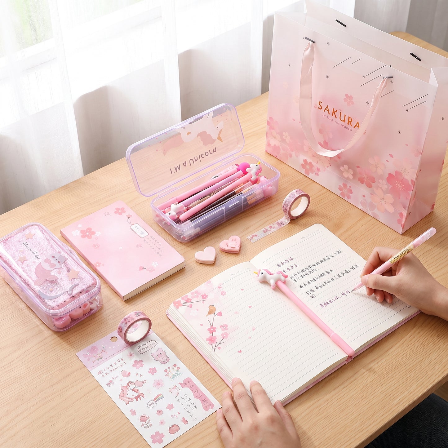 Stationery Set Pink With Cartoon And Floral Designs - Image 4