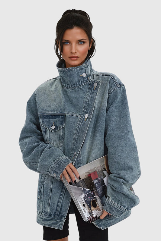 Oversized Asymmetric Stand Collar Boxy Denim Jacket for Women