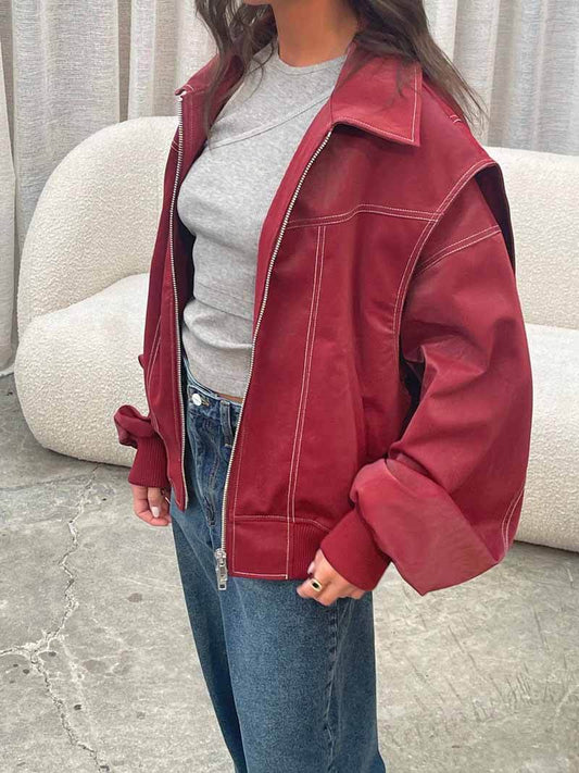 Oversized Zip Up Panelled Collared Bomber Jacket for Women