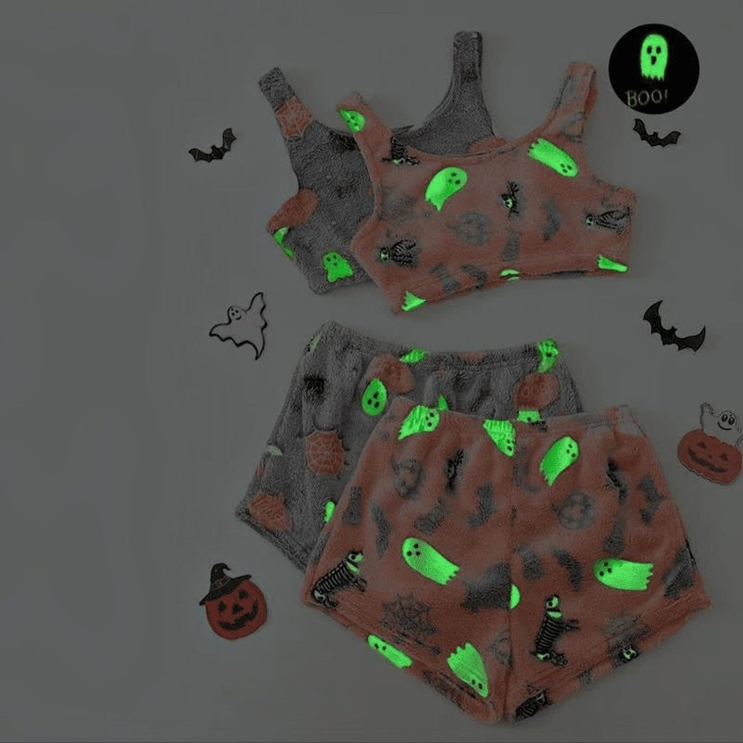 Pajama Set Halloween Two Piece Ghost Women's Shorts Glow Dark Sleepwear - Image 4