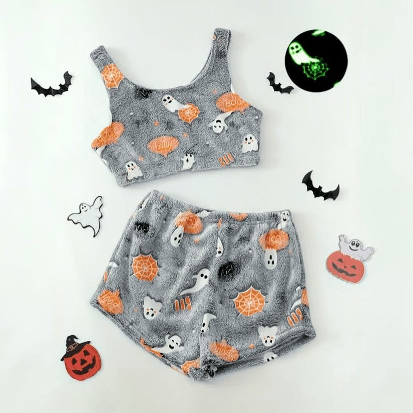 Pajama Set Halloween Two Piece Ghost Women's Shorts Glow Dark Sleepwear - Image 5