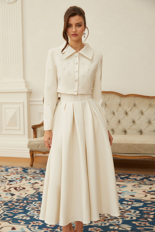 Pearl Embellished Jacket and Pleated Skirt Two-Piece Set for Women
