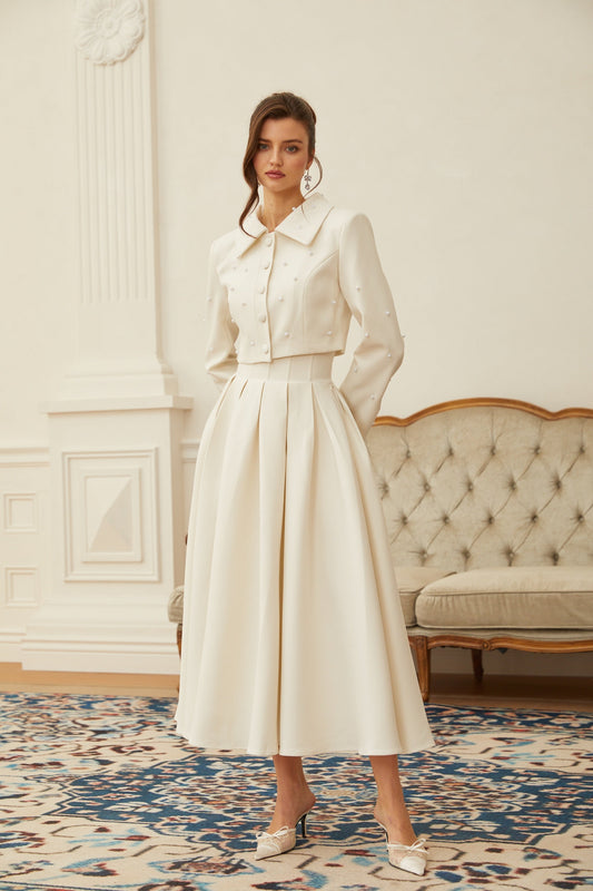 Pearl Embellished Jacket and Pleated Skirt Two-Piece Set for Women