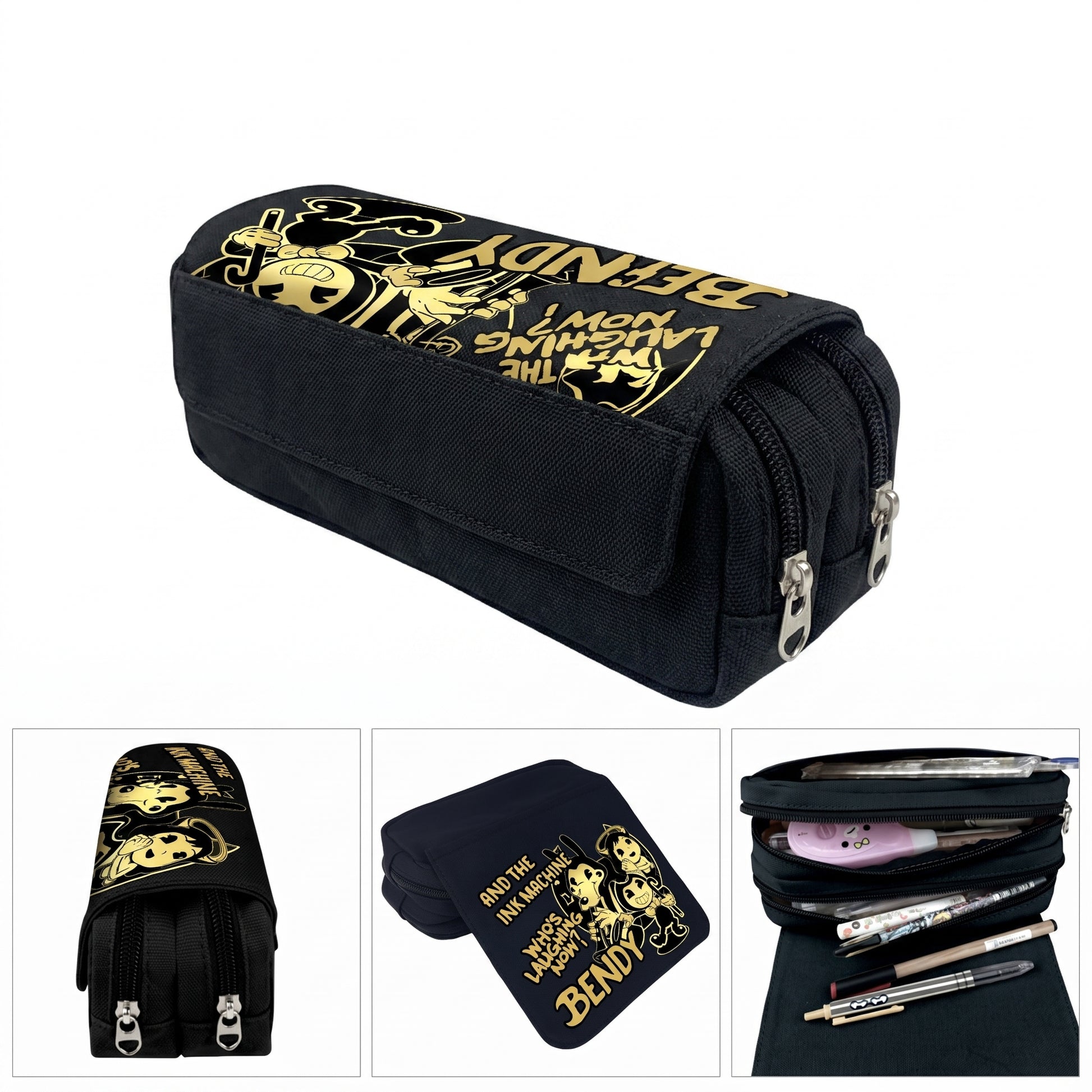 Pencil Case Pouch Black Fabric Large Capacity Organizer Pen Bag - angle