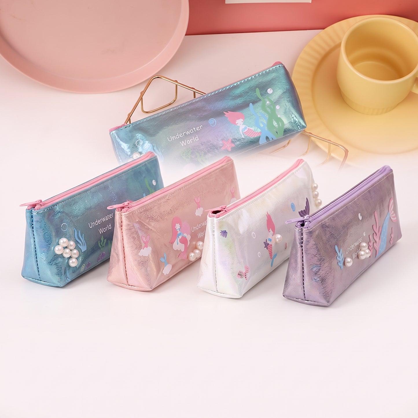 Pencil Case Pouch Iridescent Stationery Organizer Zippered - angle