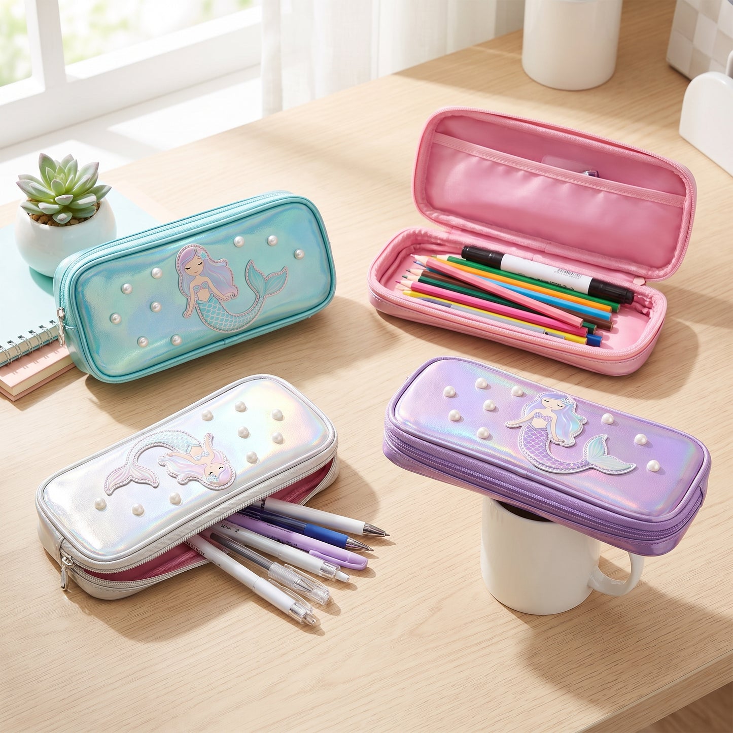 Pencil Case Pouch Iridescent Stationery Organizer Zippered - hero