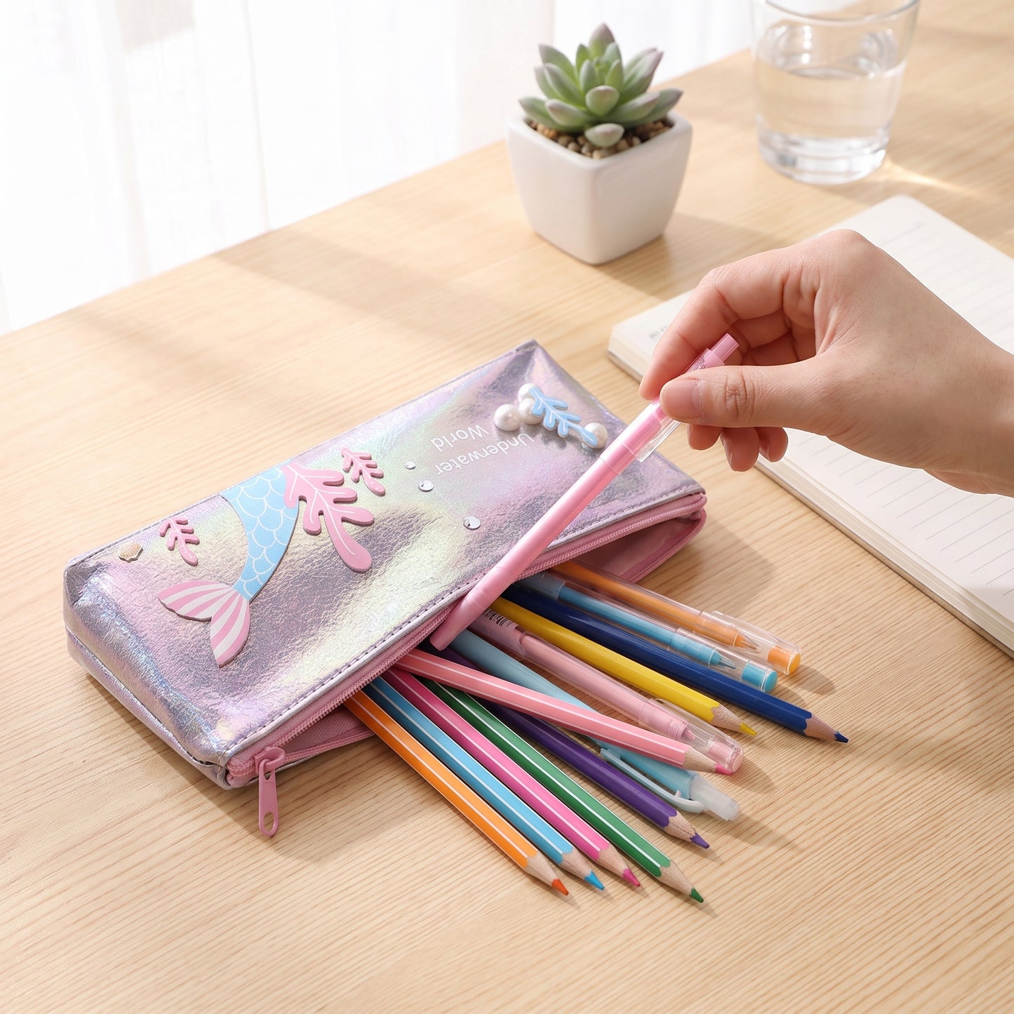 Pencil Case Pouch Iridescent Stationery Organizer Zippered - hero
