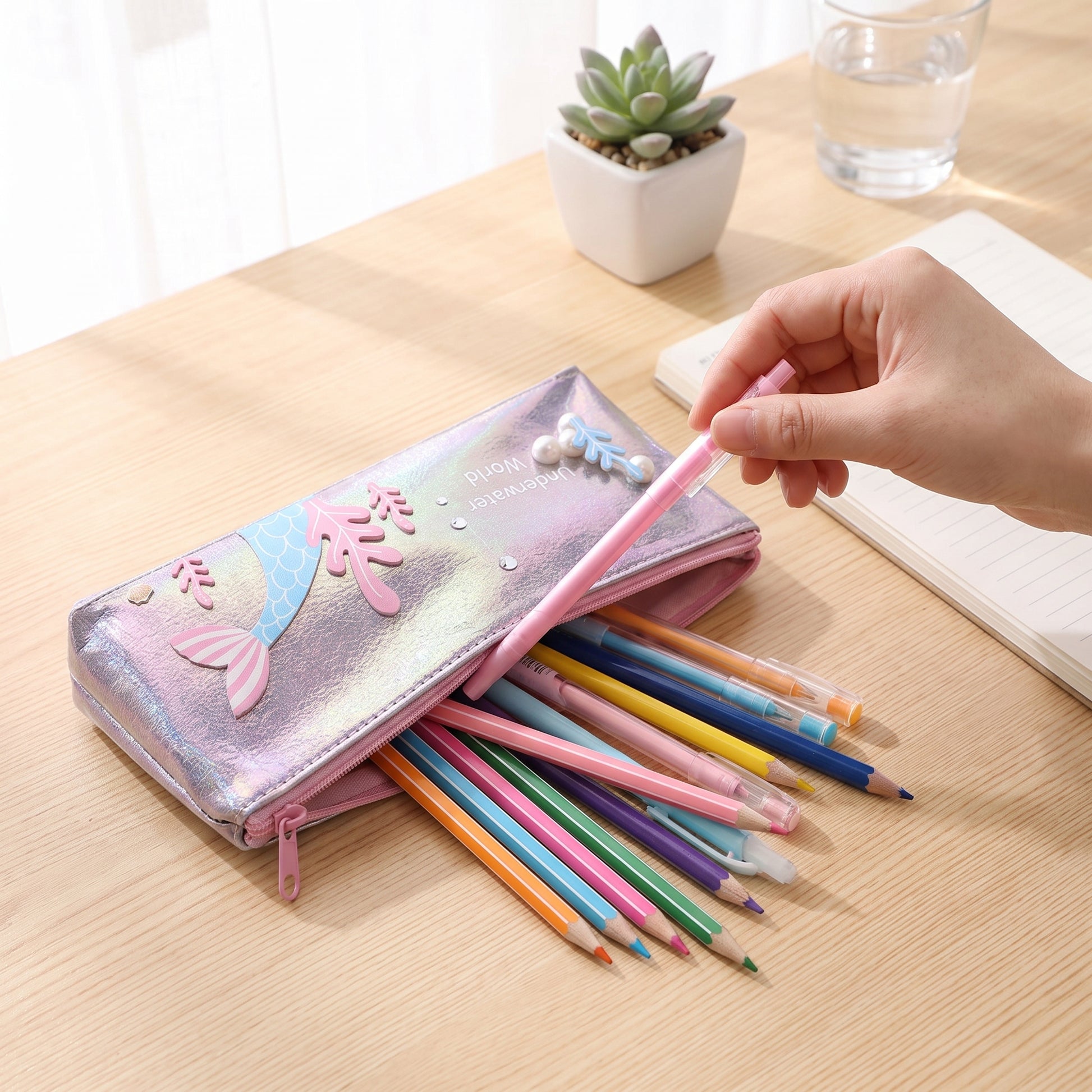 Pencil Case Pouch Iridescent Stationery Organizer Zippered - hero