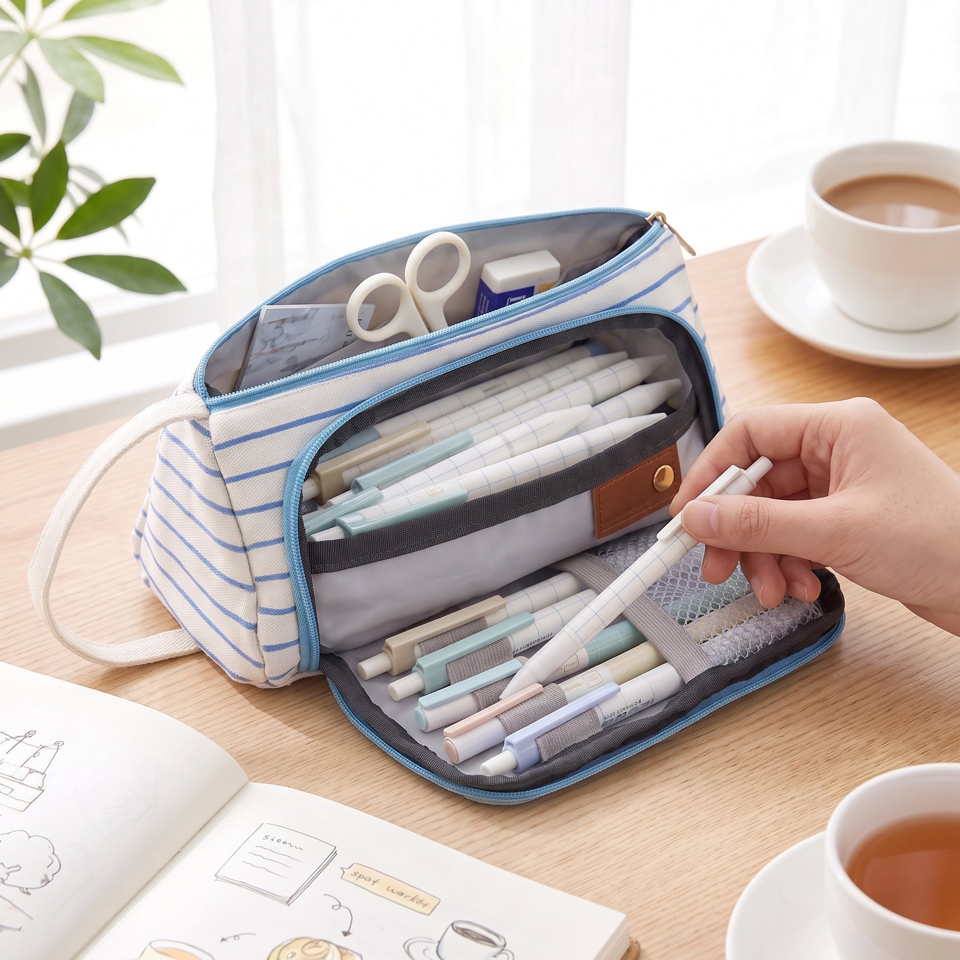 Pencil Case Pouch Fabric Stationery Organizer Large Capacity - in-use