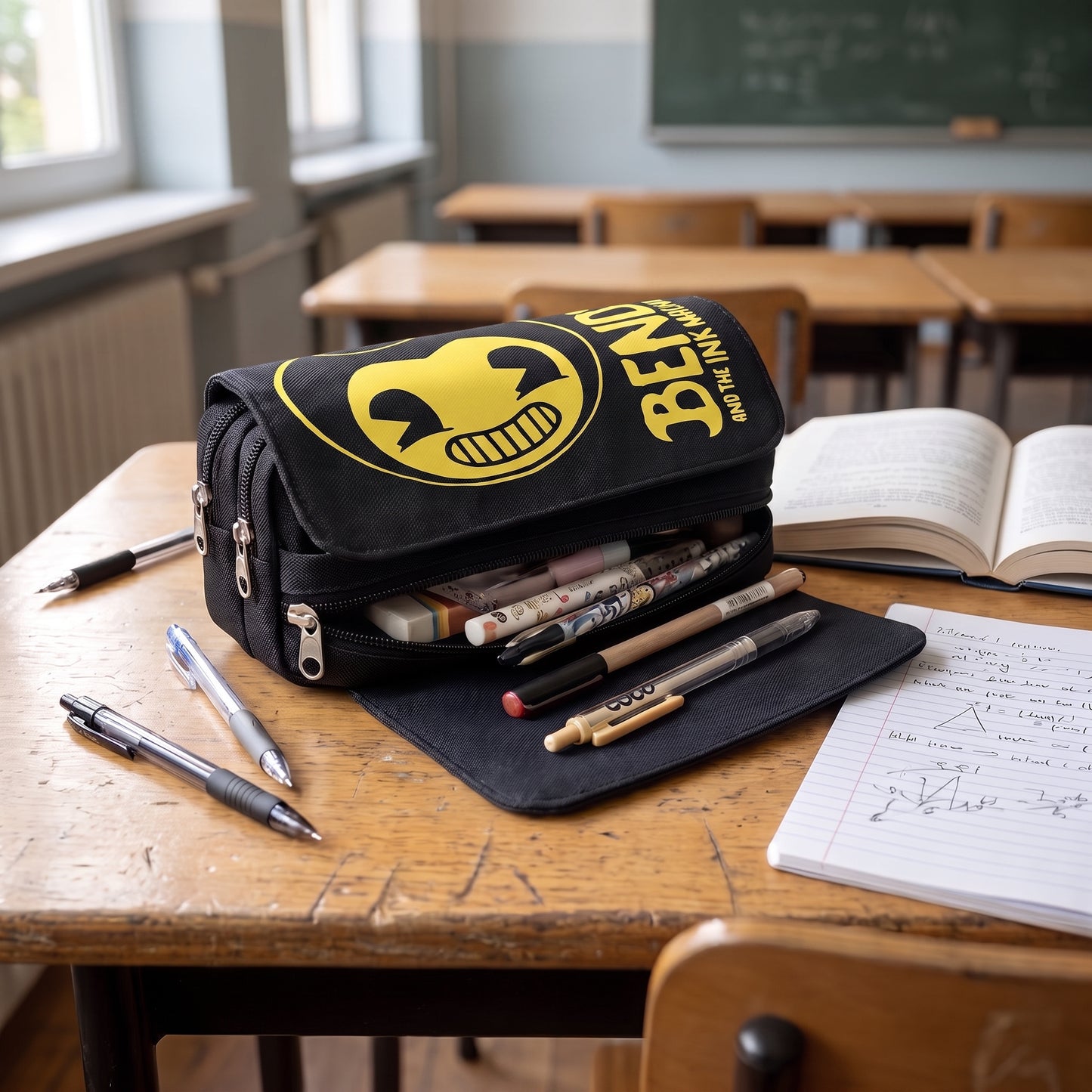 Pencil Case Pouch Black Fabric Large Capacity Organizer Pen Bag - Image 2