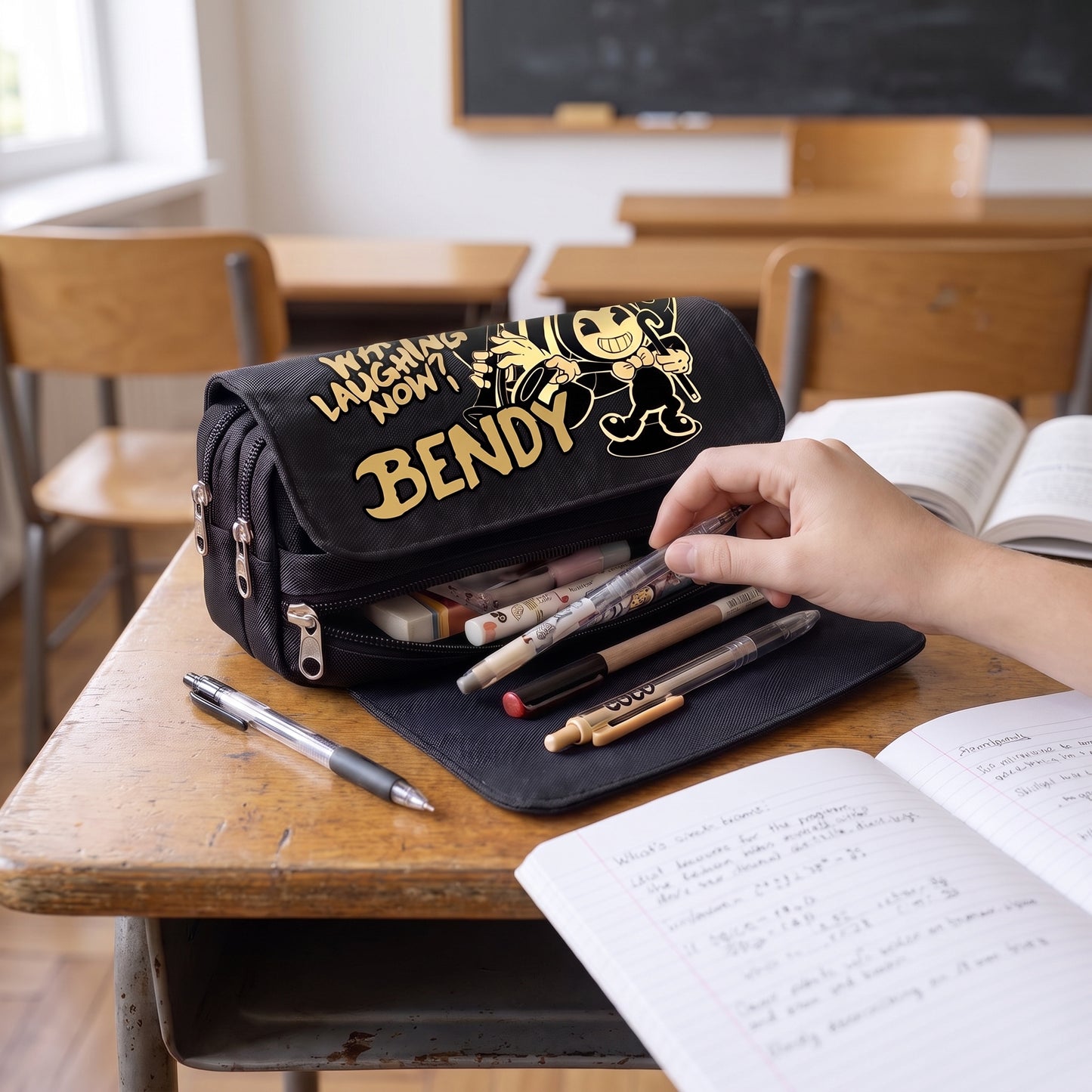 Pencil Case Pouch Black Fabric Large Capacity Organizer Pen Bag - Image 4