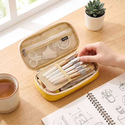 Pencil Case Pouch Multi-Compartment Stationery Organizer Fabric - angle