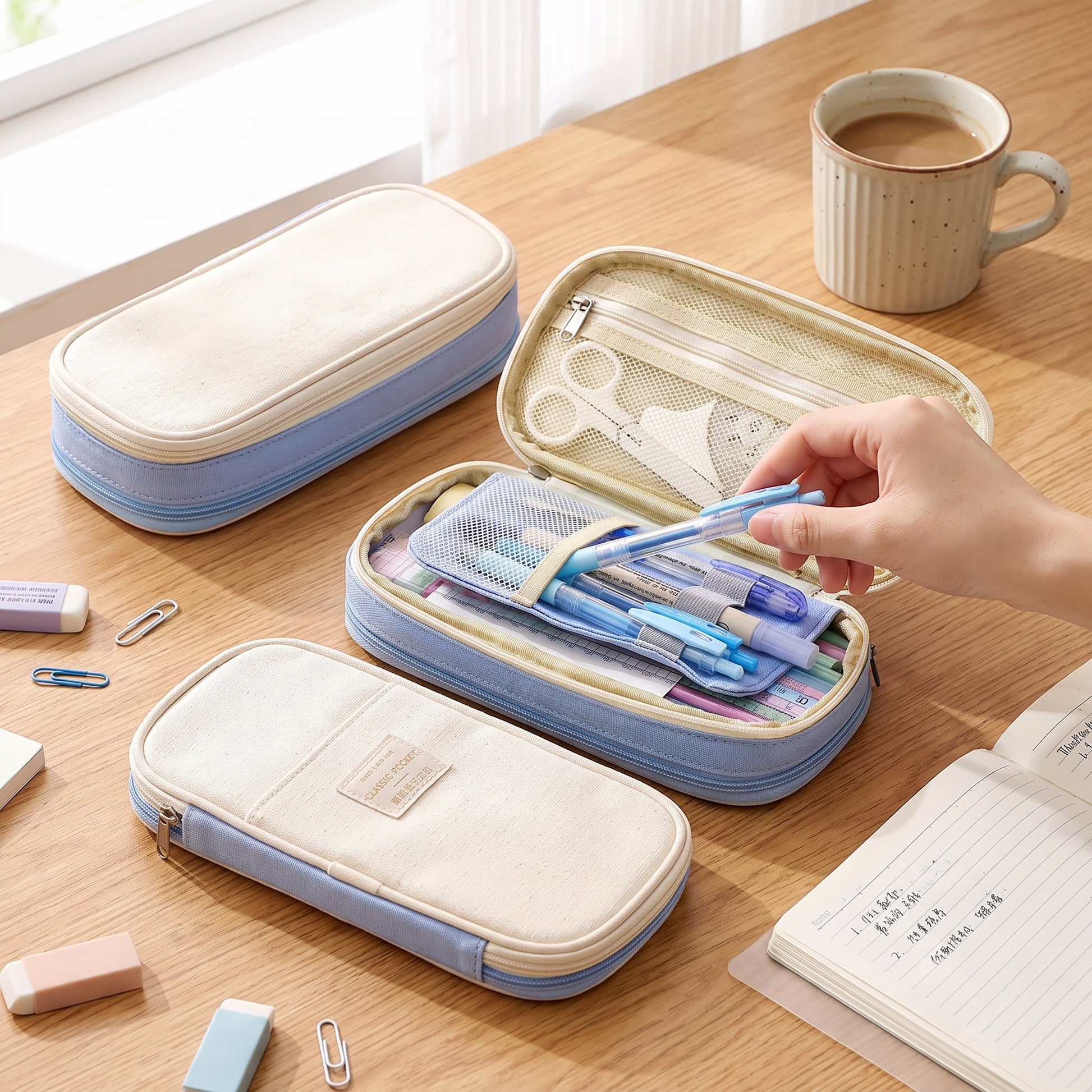 Pencil Case Pouch Multi-Compartment Stationery Organizer Fabric - hero
