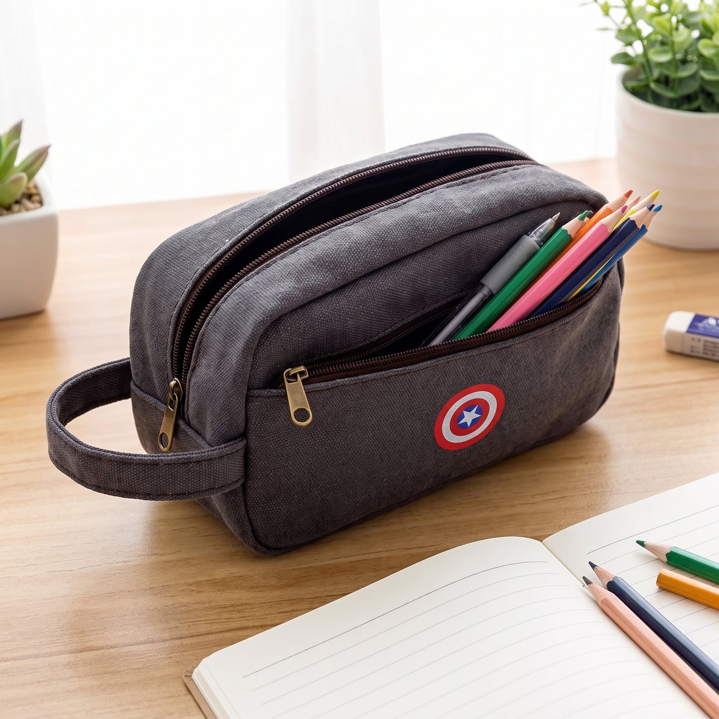 Pencil Case Superhero Pouch Canvas Organizer Zippered Design - in-use