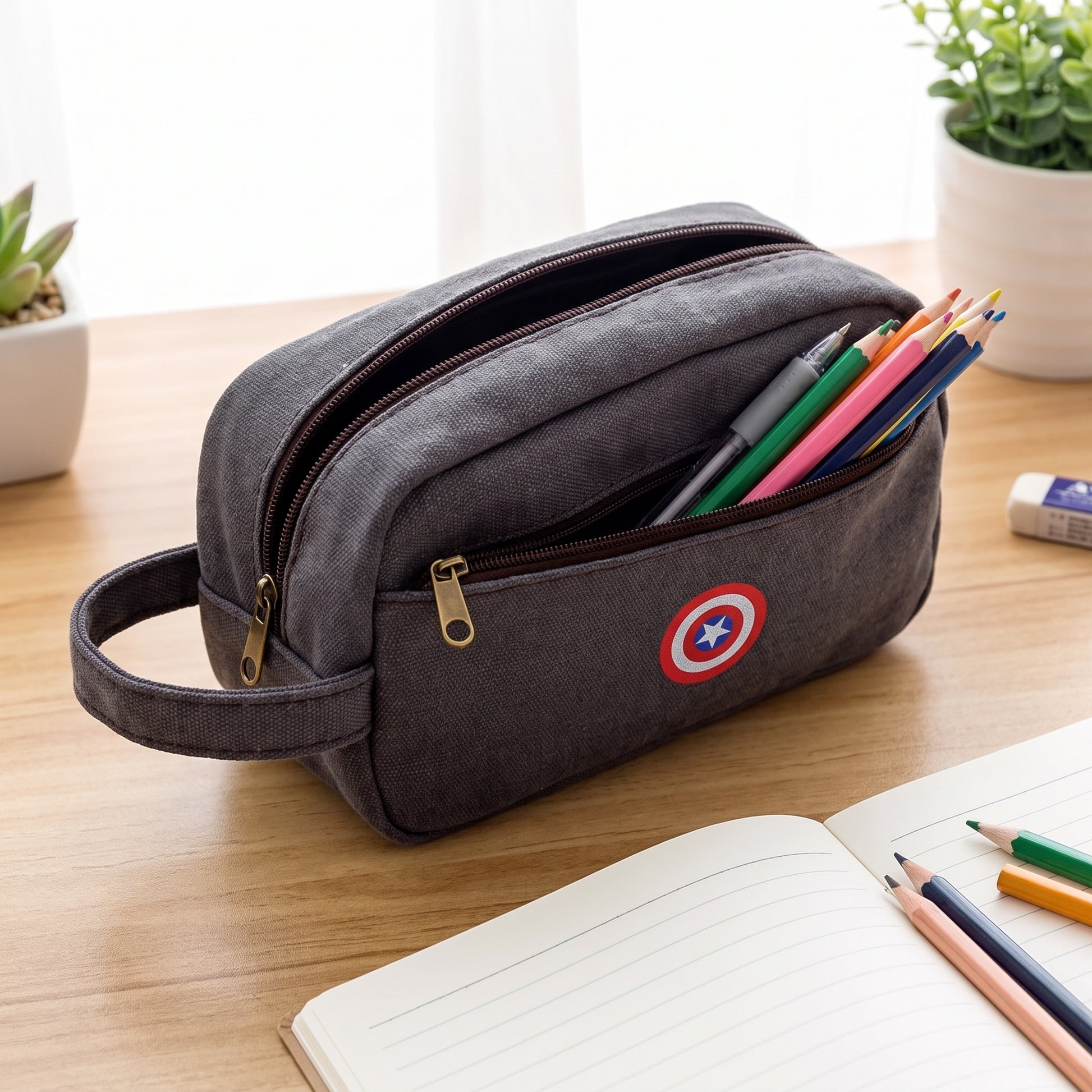 Pencil Case Superhero Pouch Canvas Organizer Zippered Design - in-use