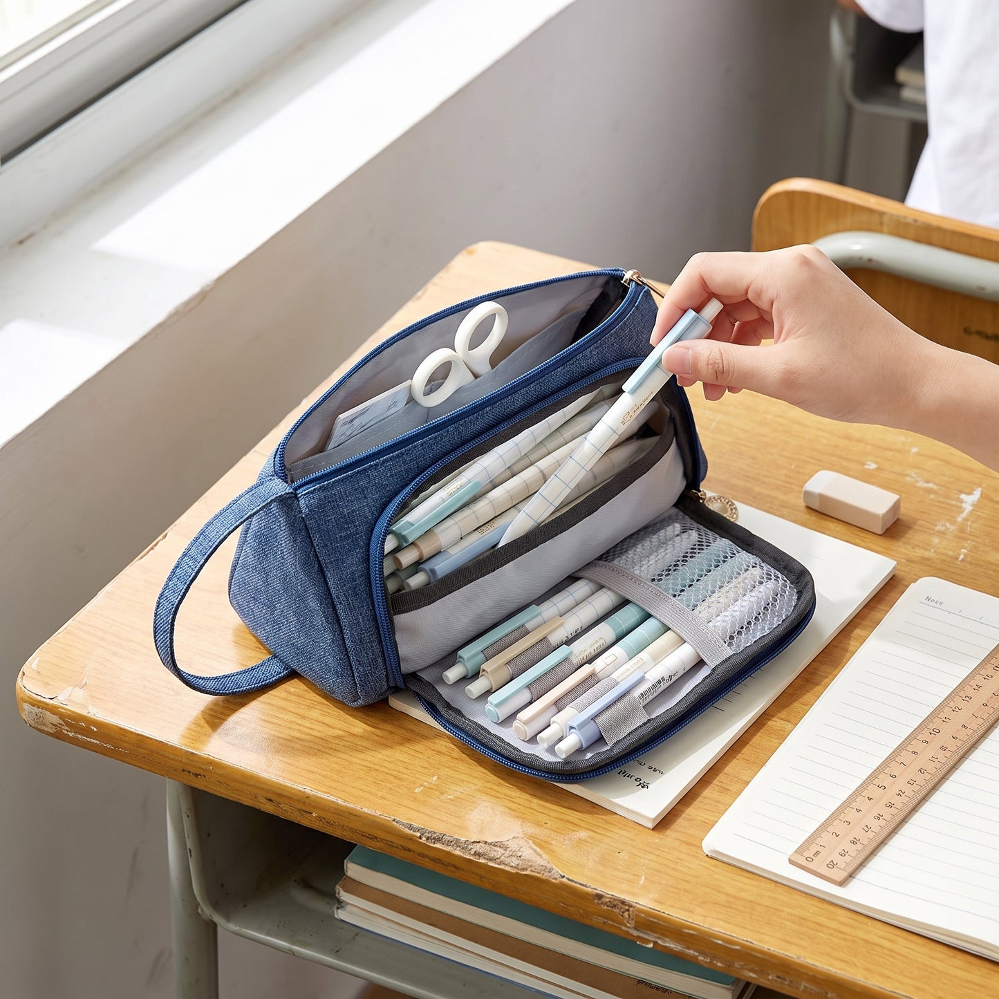 Pencil Case Pouch Fabric Stationery Organizer Large Capacity - in-use