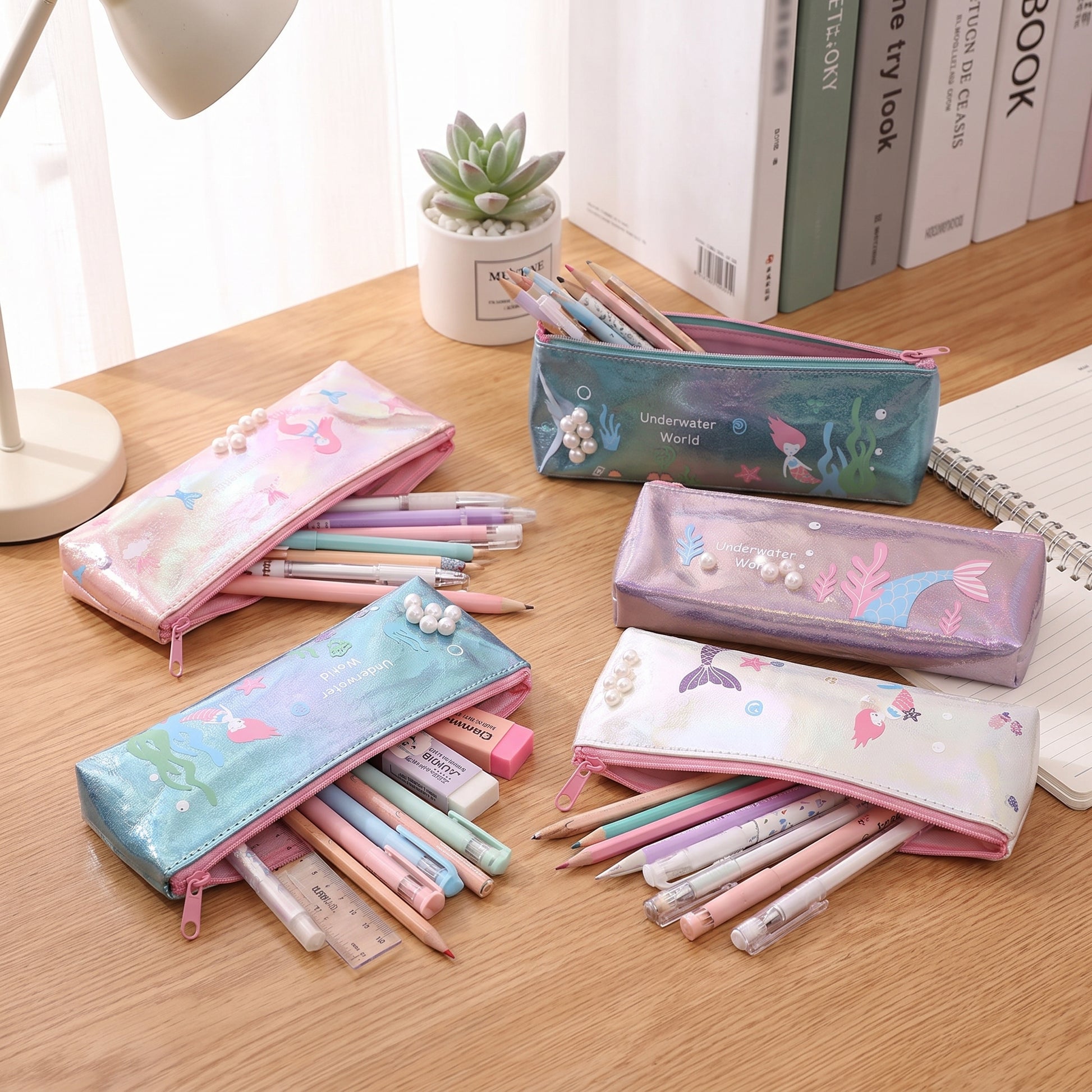 Pencil Case Pouch Iridescent Stationery Organizer Zippered - in-use