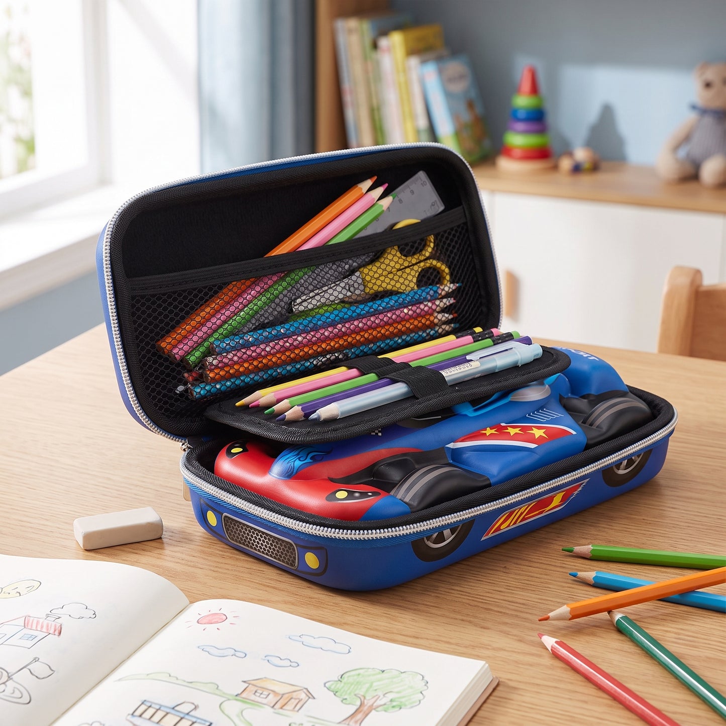 Pencil Case Race Car 3D Molded Large Capacity Stationery Organizer - in-use