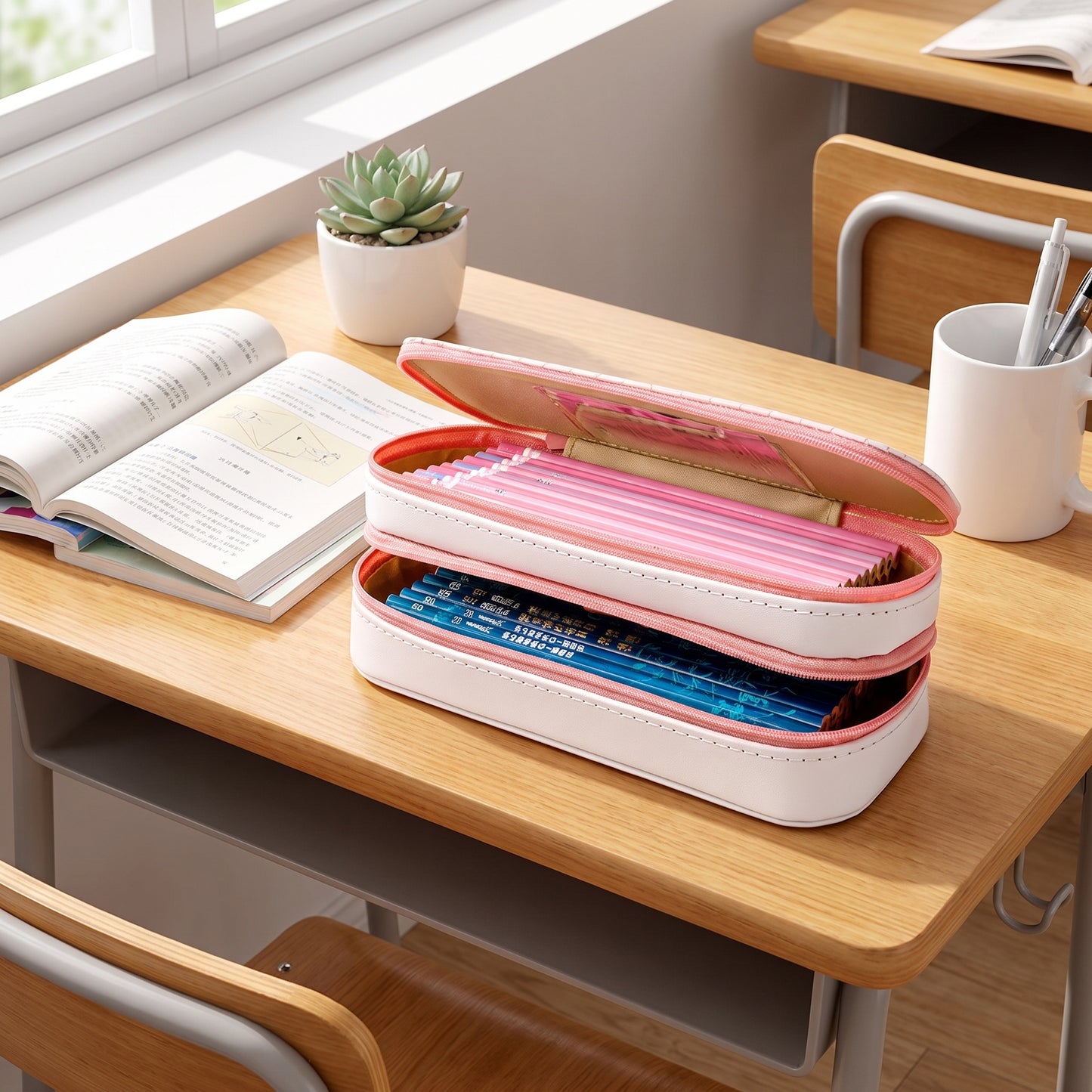 Pencil Case Pouch Makeup Stand-Up Stationery Organizer - in-use