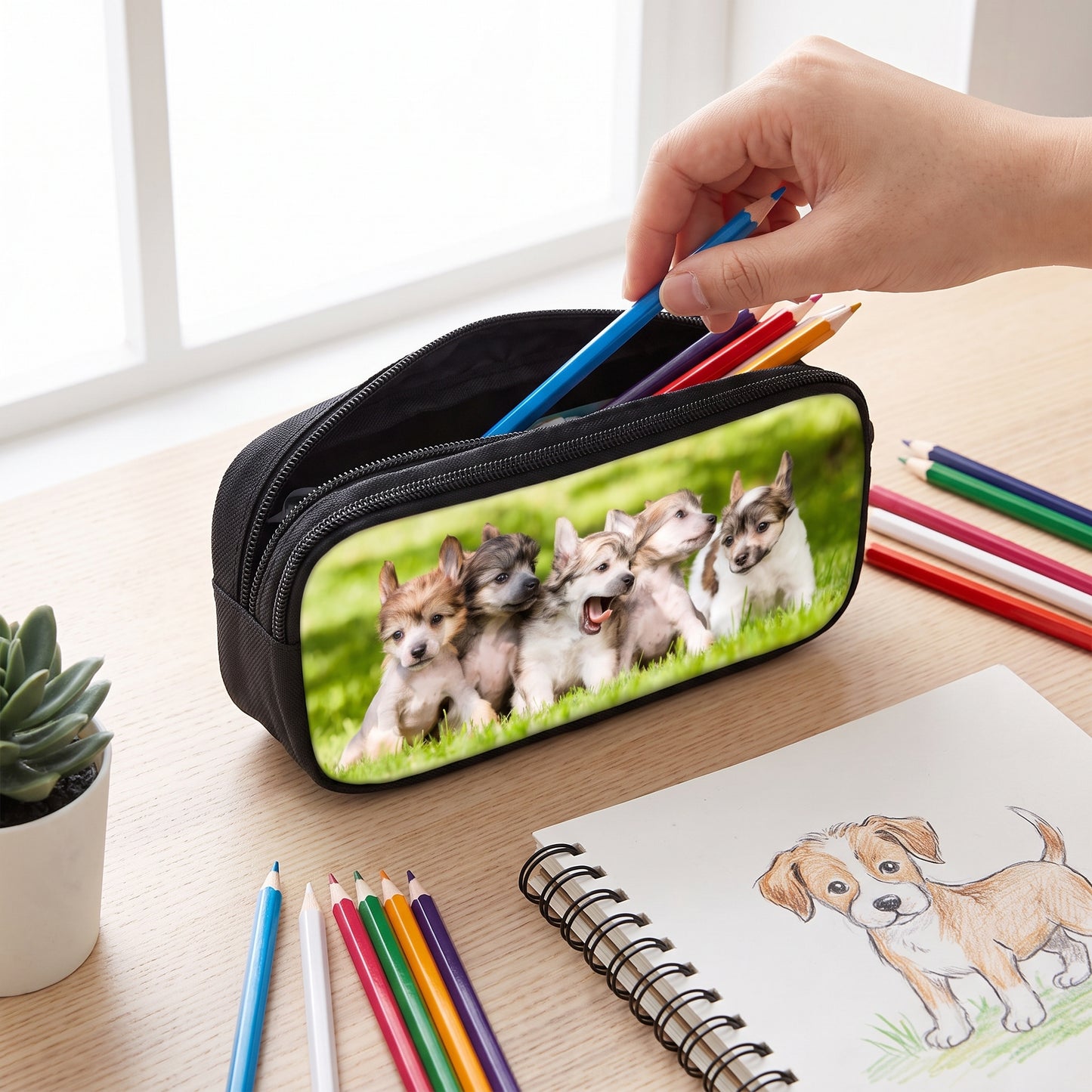 Pencil Case Pouch Black Zippered Stationery Organizer Designs - in-use