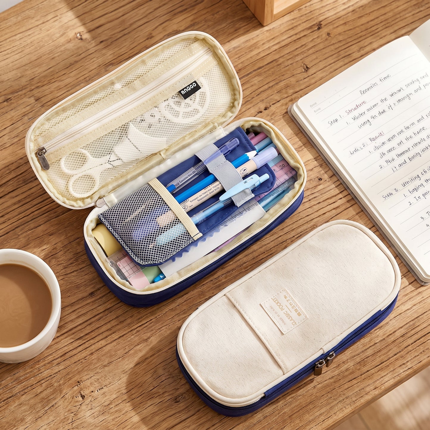 Pencil Case Pouch Multi-Compartment Stationery Organizer Fabric - in-use