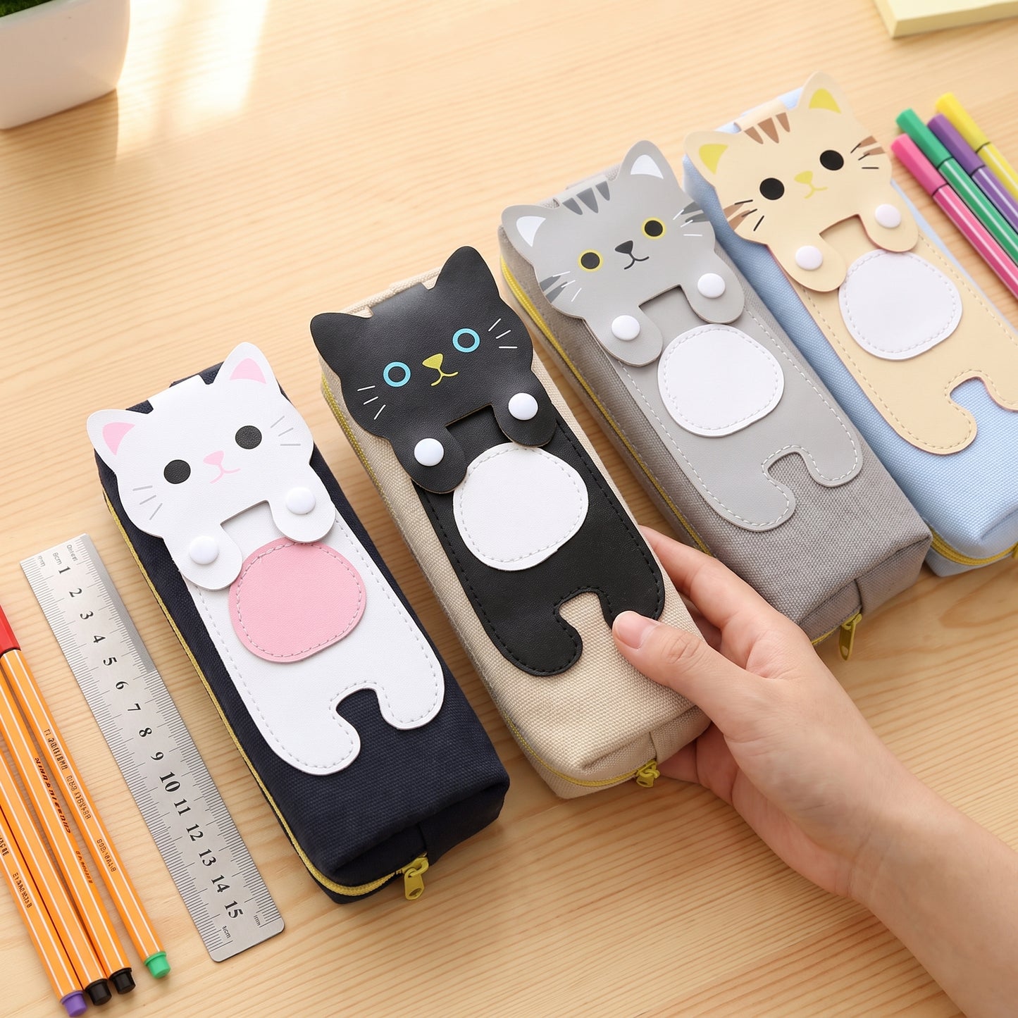 Pencil Case Pouch Cute Cat Canvas Stationery Organizer - scale