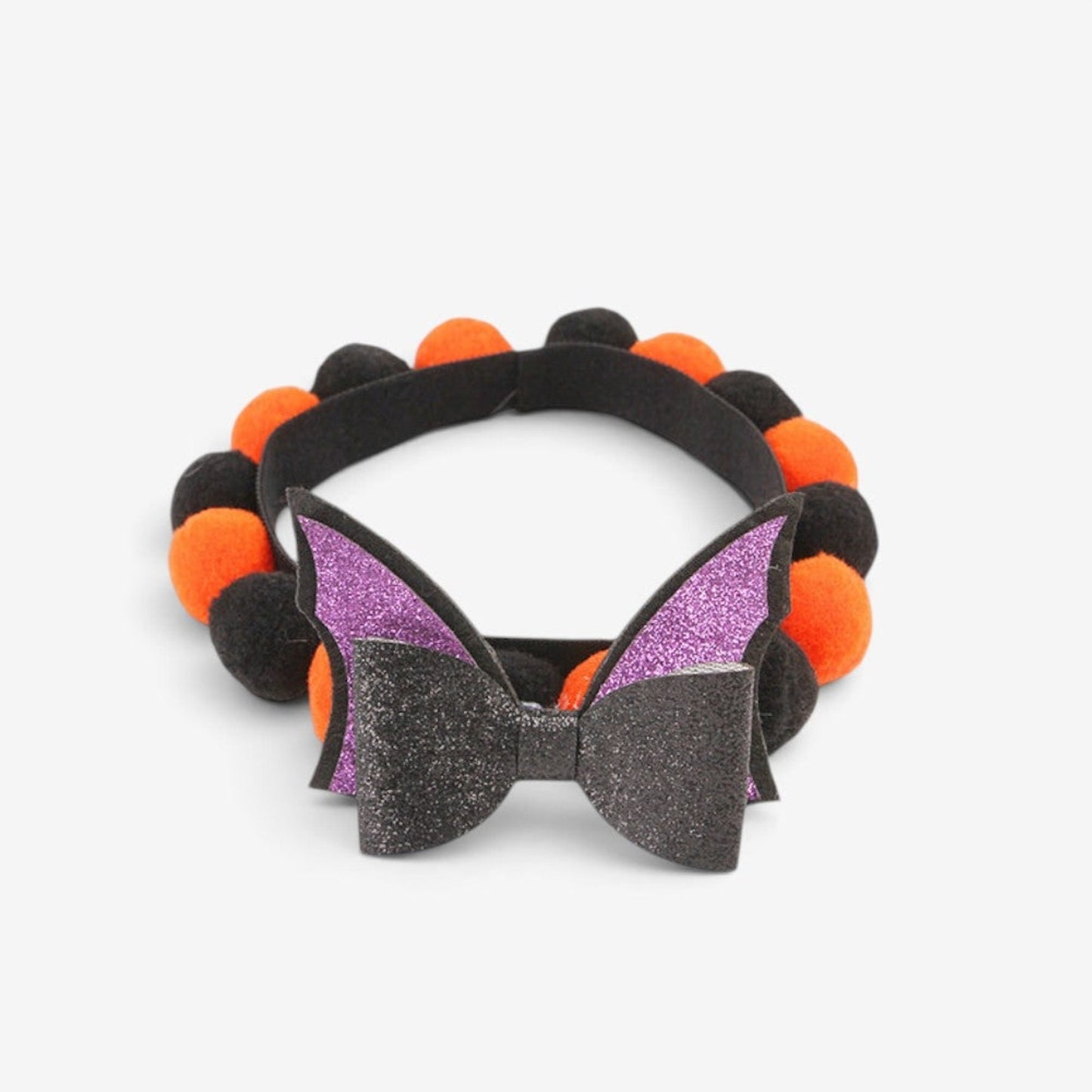 Pet Collar Halloween Adjustable Black Orange Glitter Pom Accents Buckle Design - Image 1
