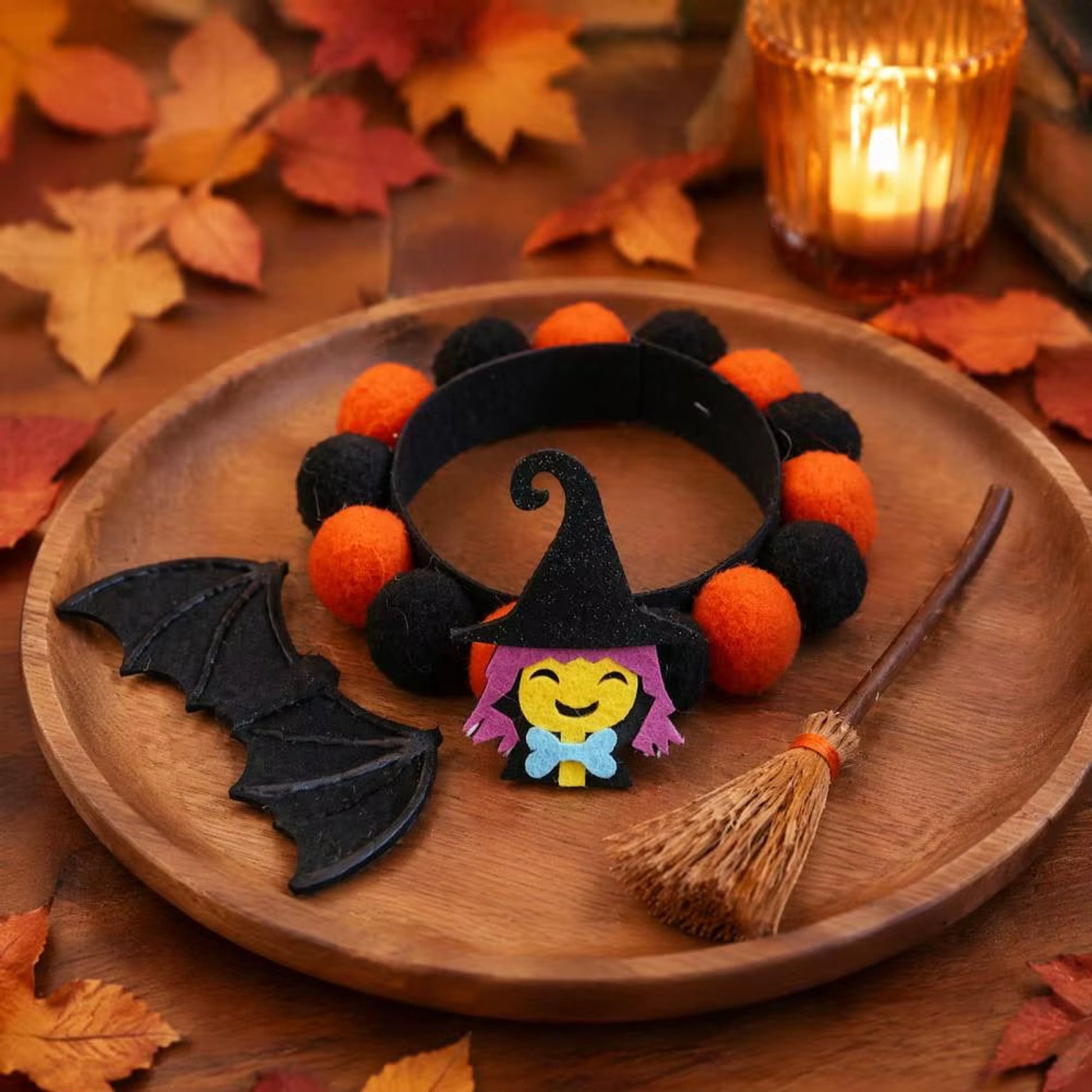 Pet Collar Halloween Adjustable Black Orange Glitter Pom Accents Buckle Design - Image 8