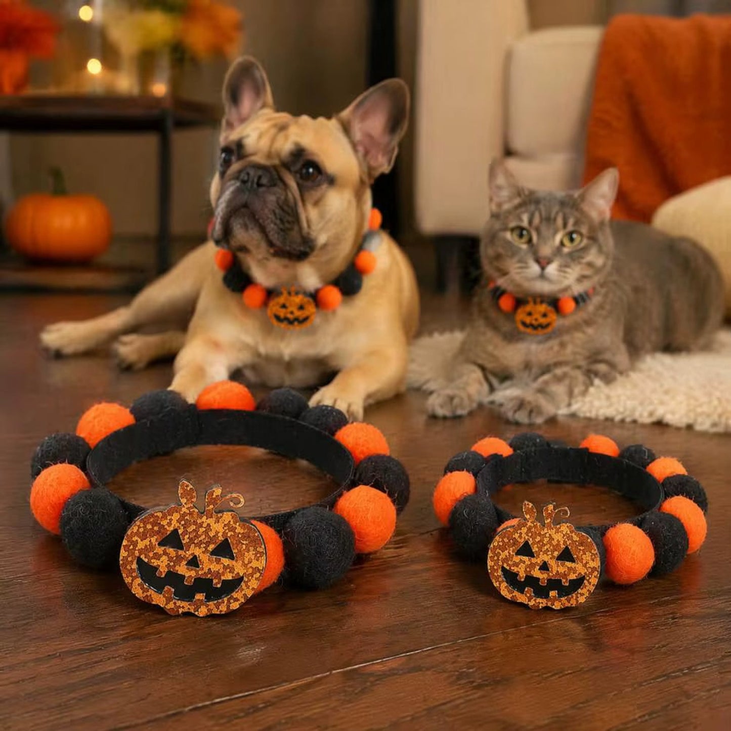 Pet Collar Halloween Adjustable Black Orange Glitter Pom Accents Buckle Design - Image 10