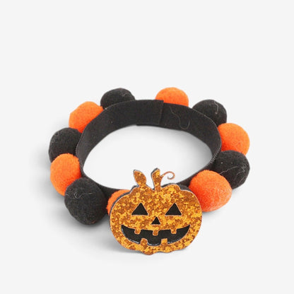 Pet Collar Halloween Adjustable Black Orange Glitter Pom Accents Buckle Design - Image 3