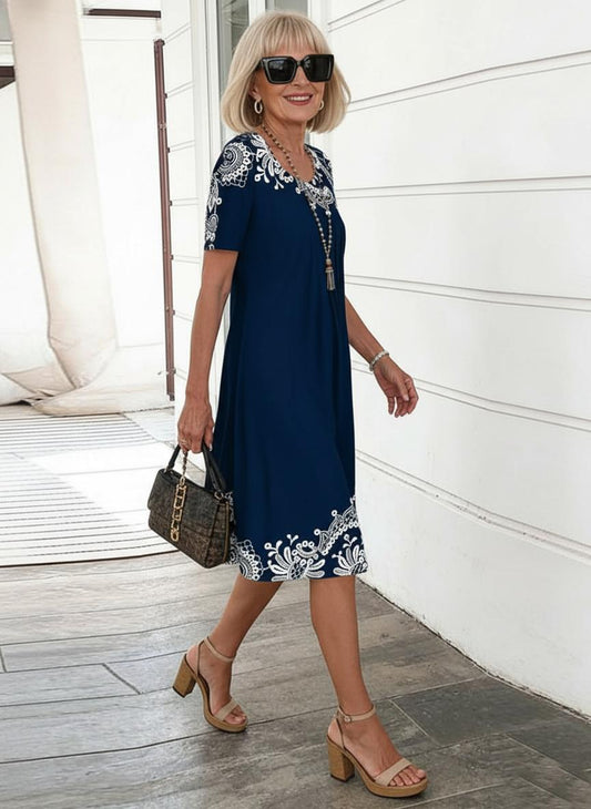 Placement Print Short Sleeve A-Line Dress