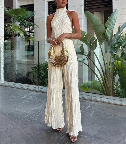 Pleated Halter Top and Wide Leg Trousers Co-ord Set for Women