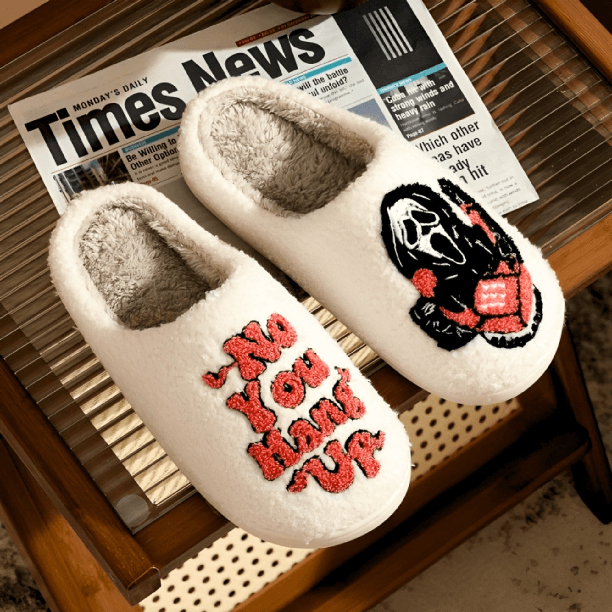 Plush House Slippers Comfortable Home Cream Embroidered Ghost-mask Killer - Image 4
