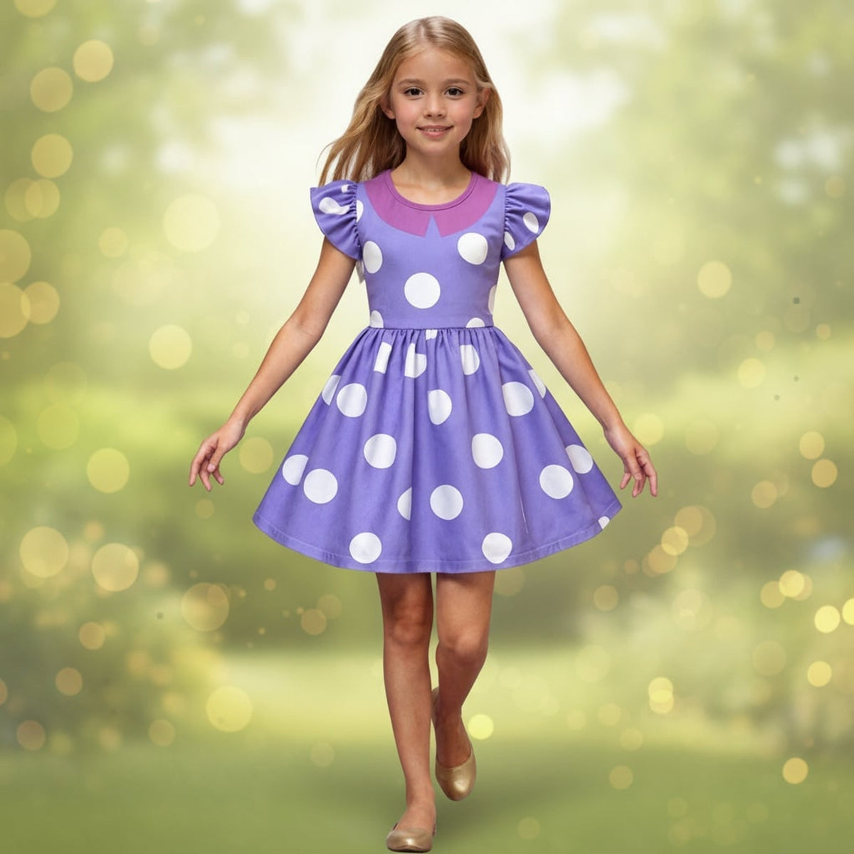 Princess Purple Polka Dot A-Line Flutter Sleeves Kids - Image 1