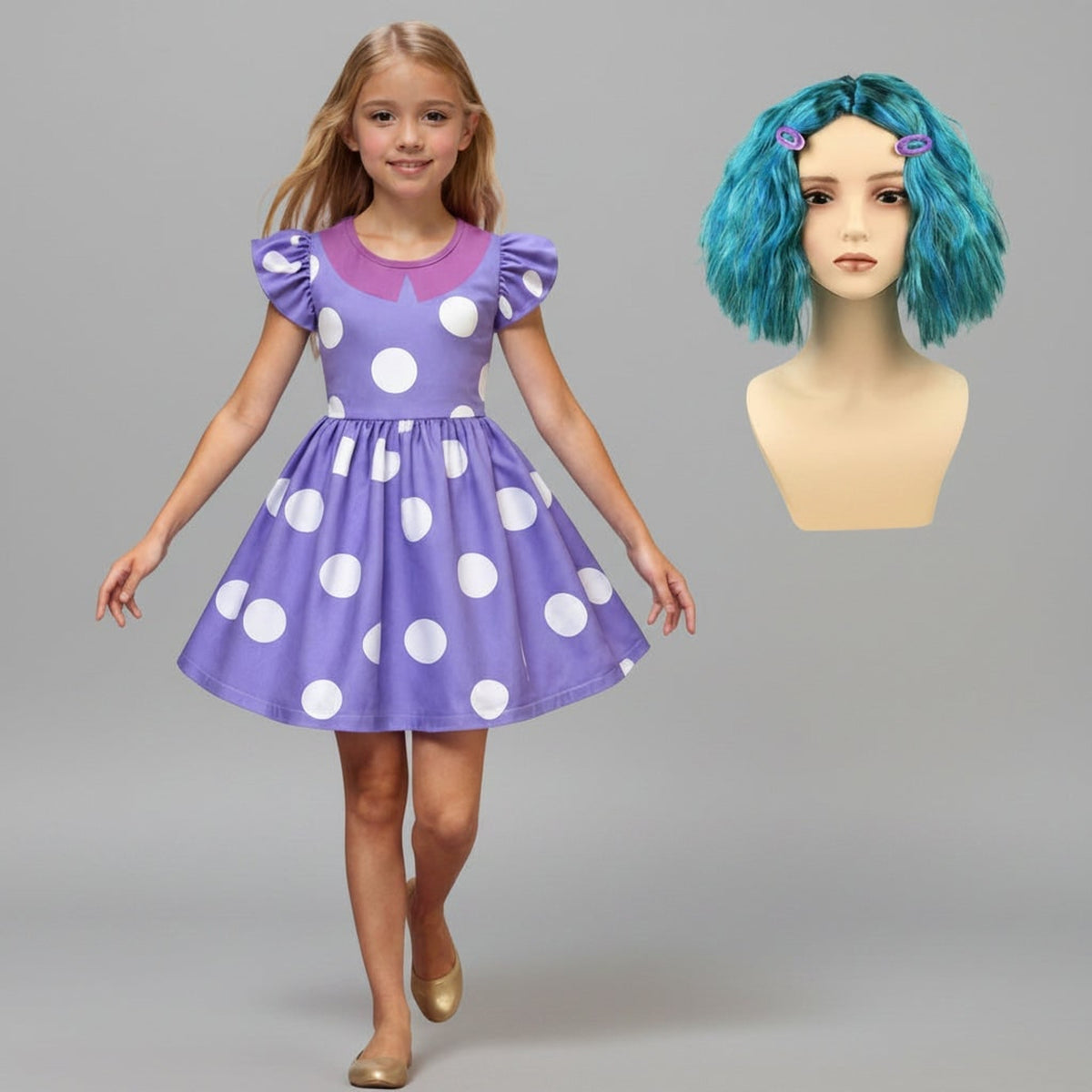 Princess Purple Polka Dot A-Line Flutter Sleeves Kids - Image 2